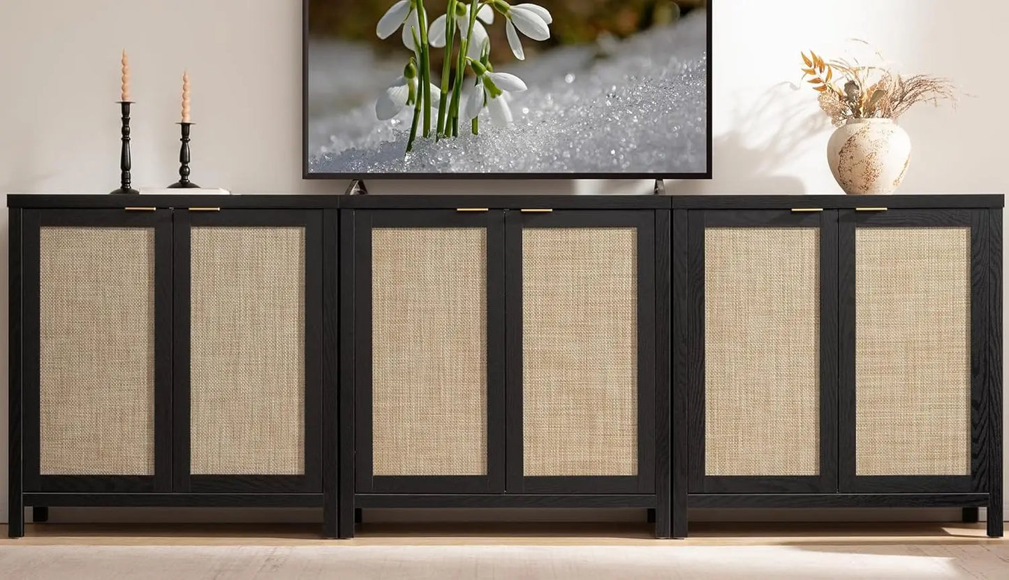 Sideboard Buffet Coffee Bar Cabinet 3 Piece Farmhouse Boho Rattan Credenza