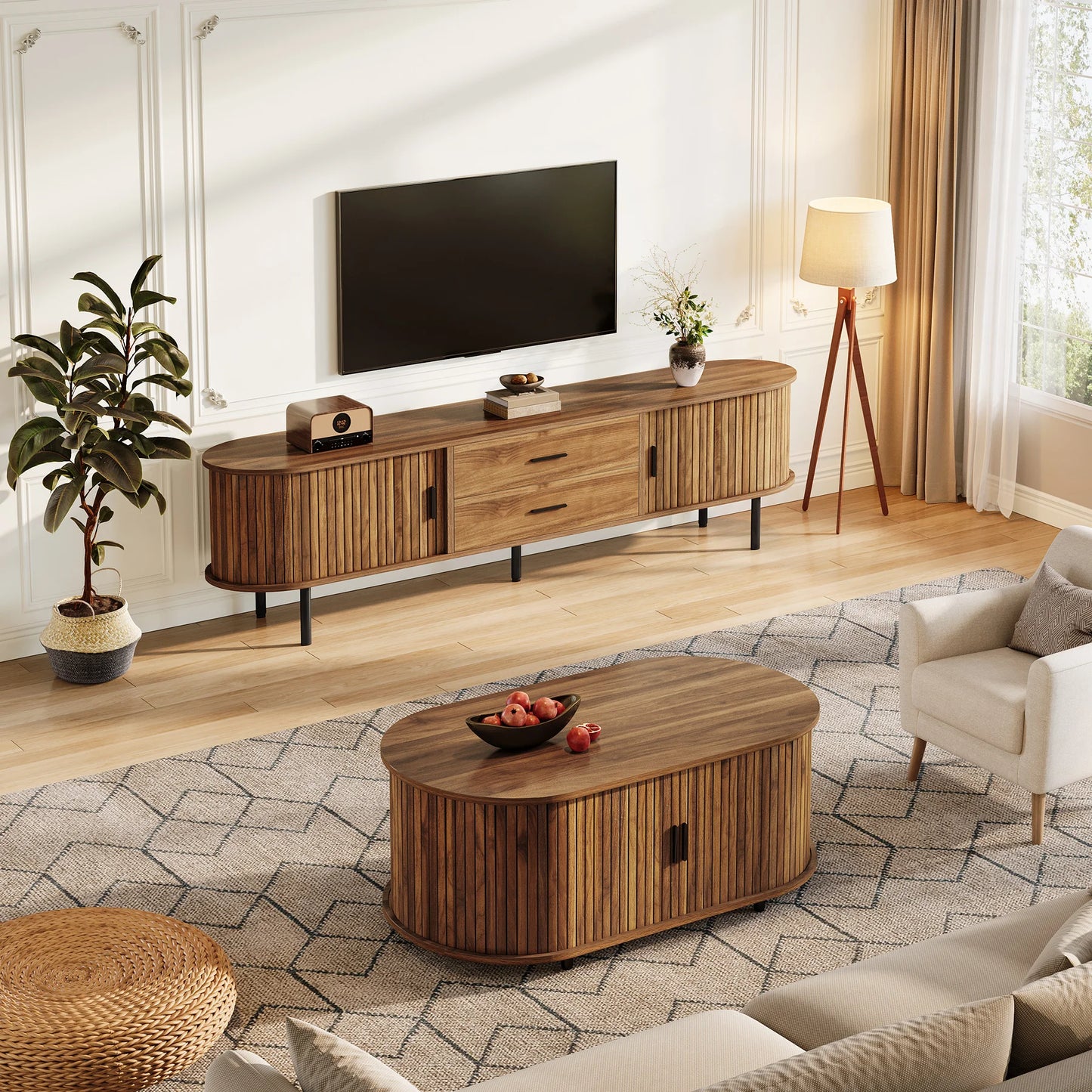 Tribesigns Mid Century Modern TV Stand With Sliding Tambour Doors