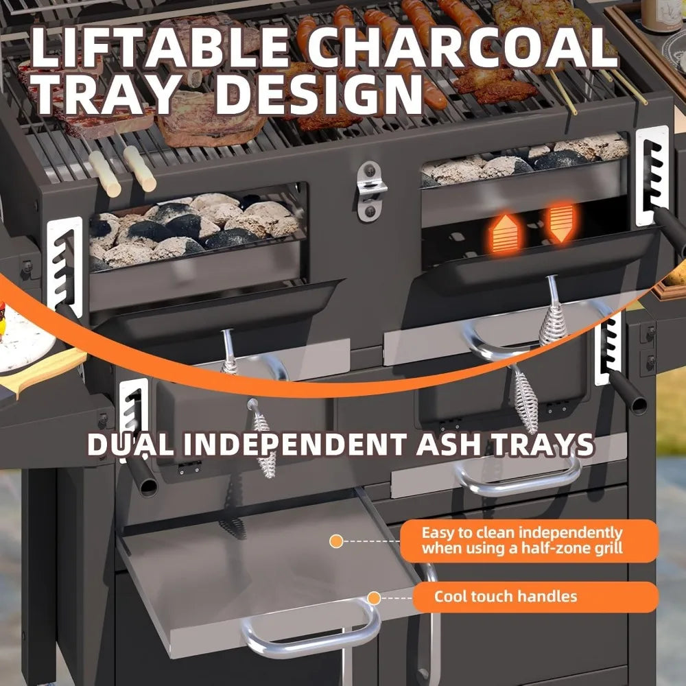 Charcoal Grill With Thermometer And Lifting Charcoal Trays And Storage