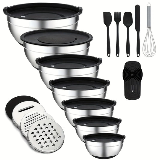 Stainless Steel Salad Tools Set With Mixing Bowls And Lids
