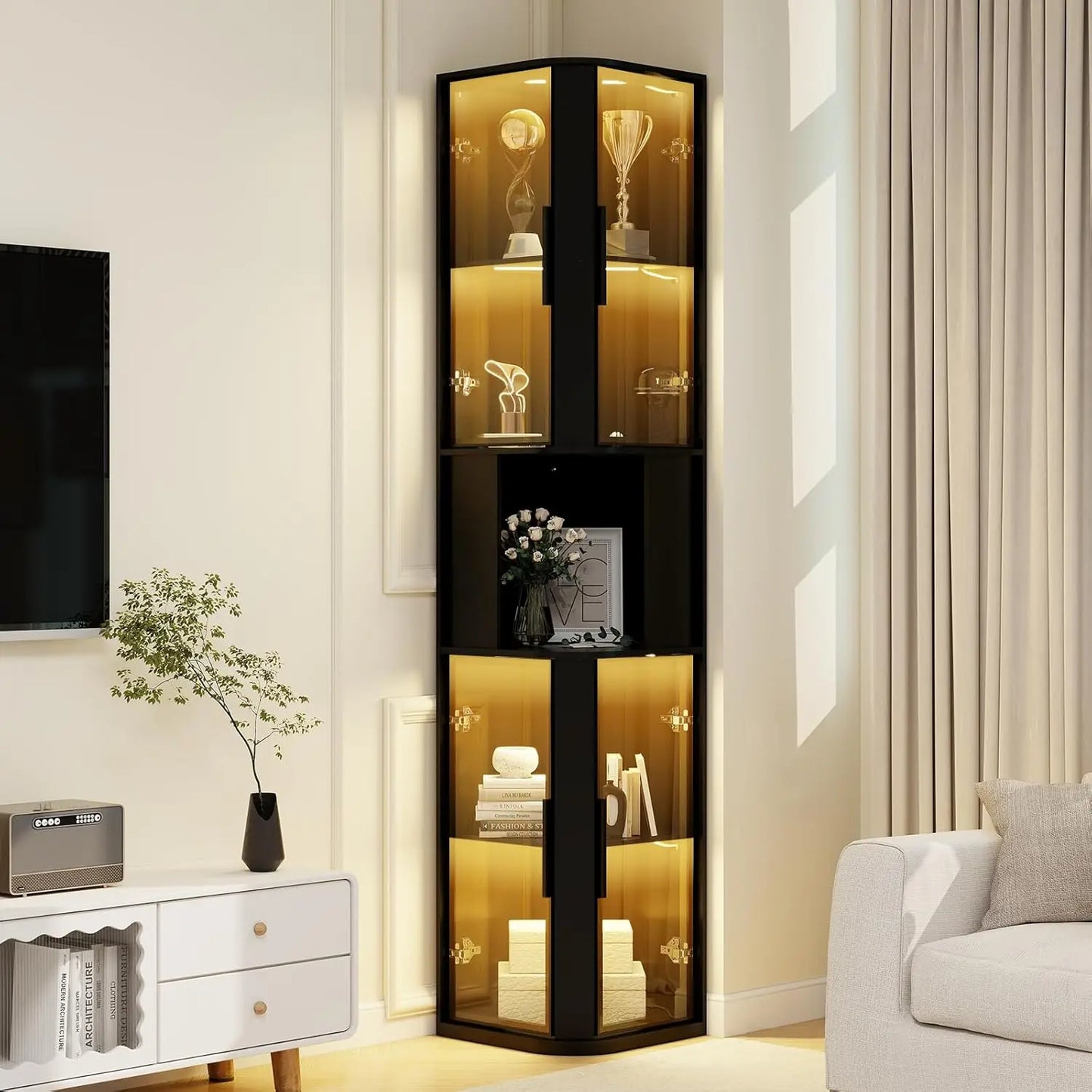 Glass Display Cabinet With Lighting Five Tier Curio For Collectibles