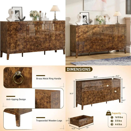 Mid Century Burl Wood Buffet Sideboard With Three Drawers