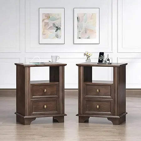 Ticify Nightstand Charging Station Wood Bedside Table