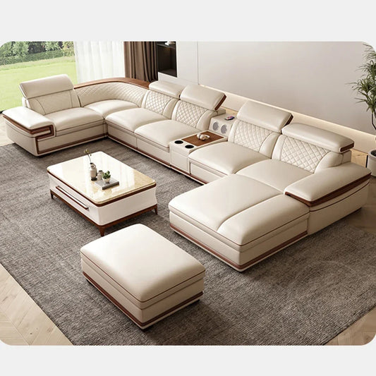 MINGDIBAO Italian Leather Sofa Set With Adjustable Headrests Bluetooth Speaker