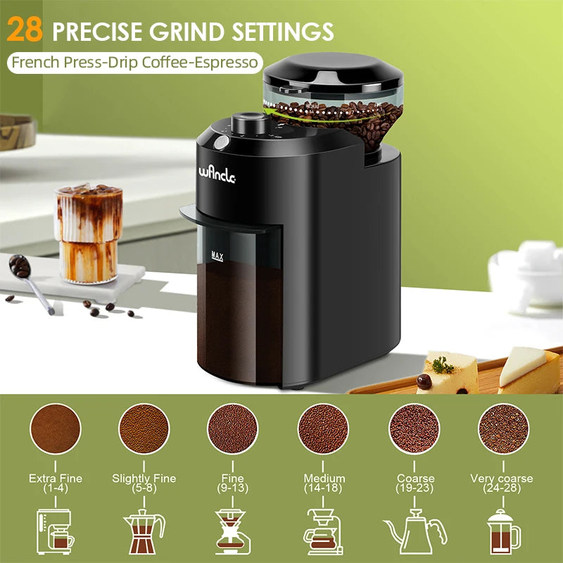 KIRAINAFLY Electric Burr Coffee Grinder With 28 Precise Grind Settings