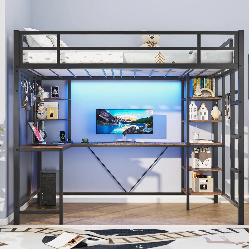 Loft Bed With L Shaped Desk Storage Shelves And Charging