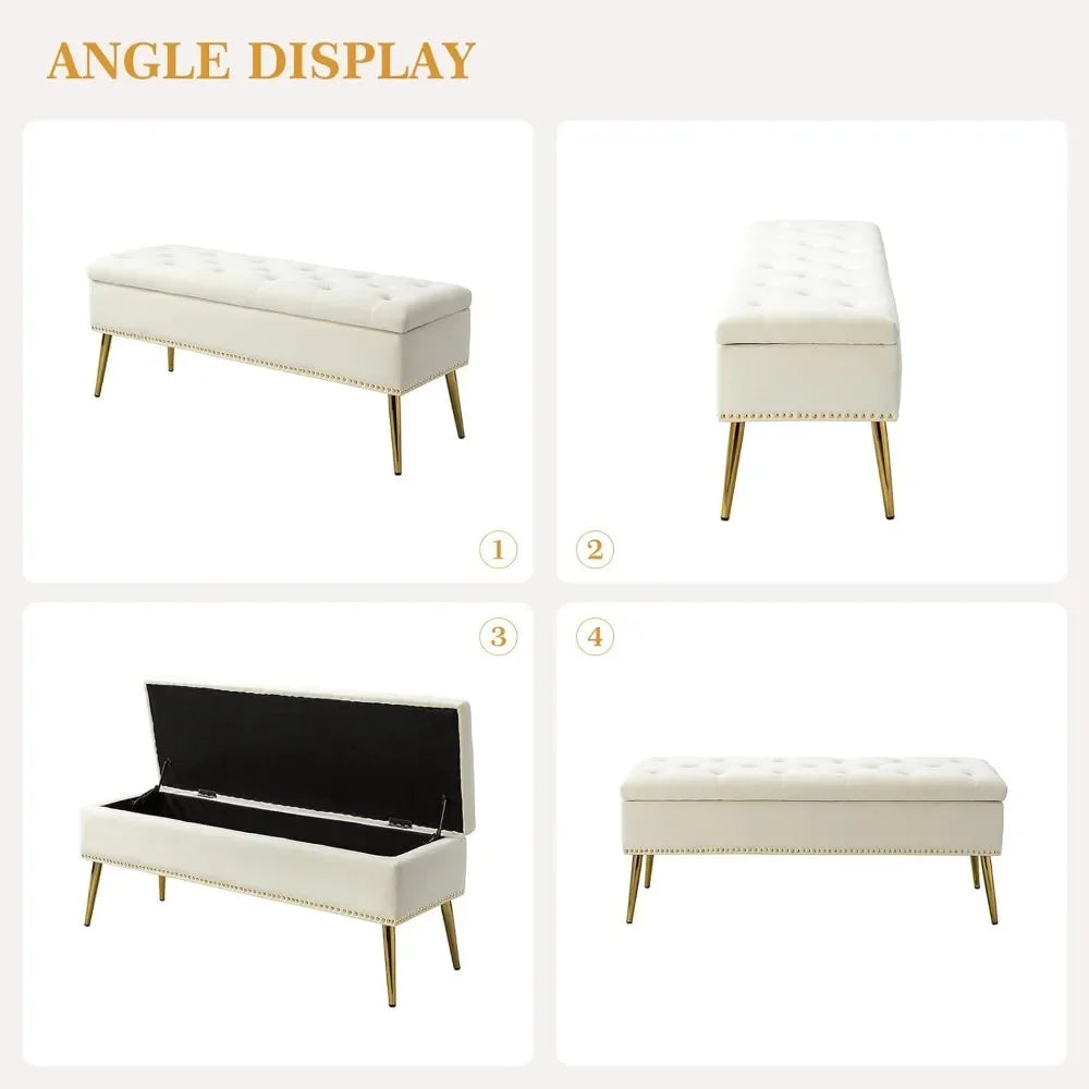 Velvet Storage Ottoman Bench With Base And Nailhead Trim