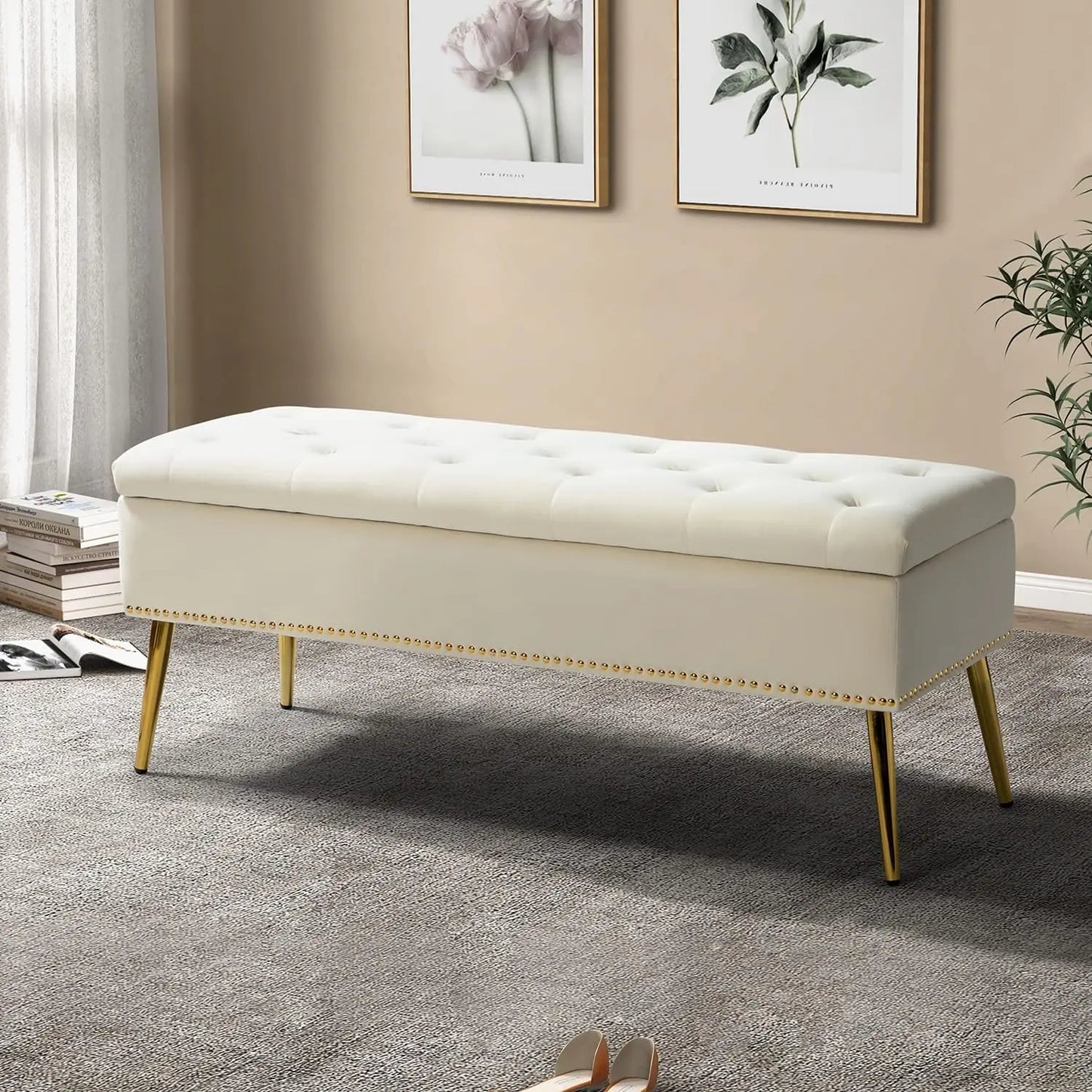 Velvet Storage Ottoman Bench With Base And Nailhead Trim