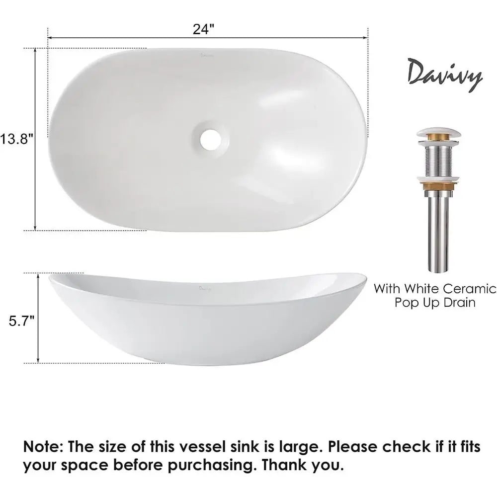 Ceramic Oval Vessel Sink With Pop Up Drain Above Counter