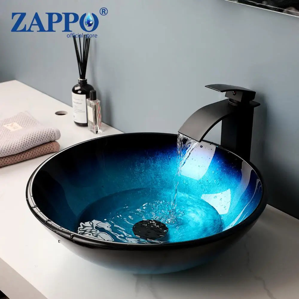 Torayvino ZAPPO Tempered Glass Vessel Sink with Waterfall Faucet