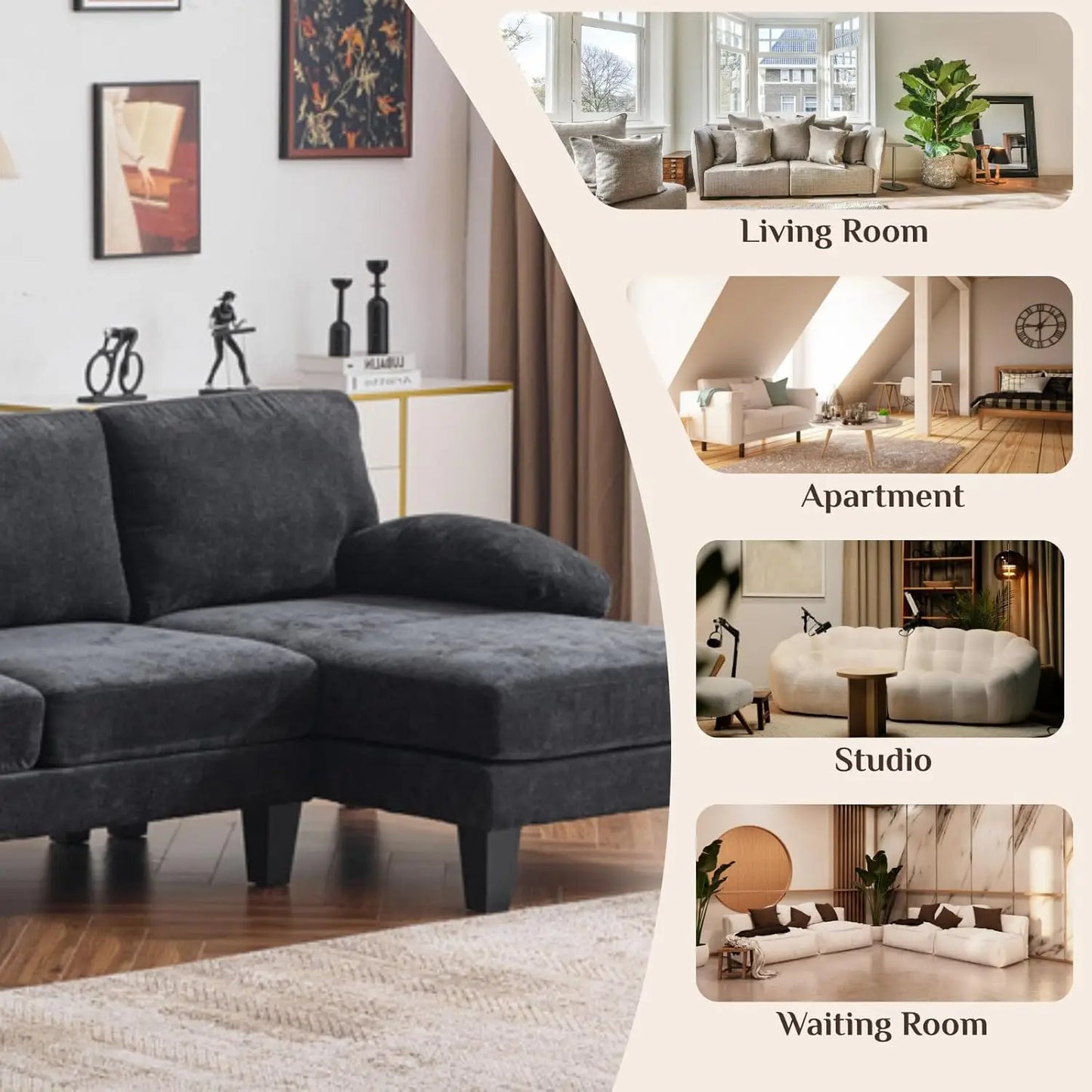 U Shaped Sectional Sofa With Chenille Upholstery And Wood Legs