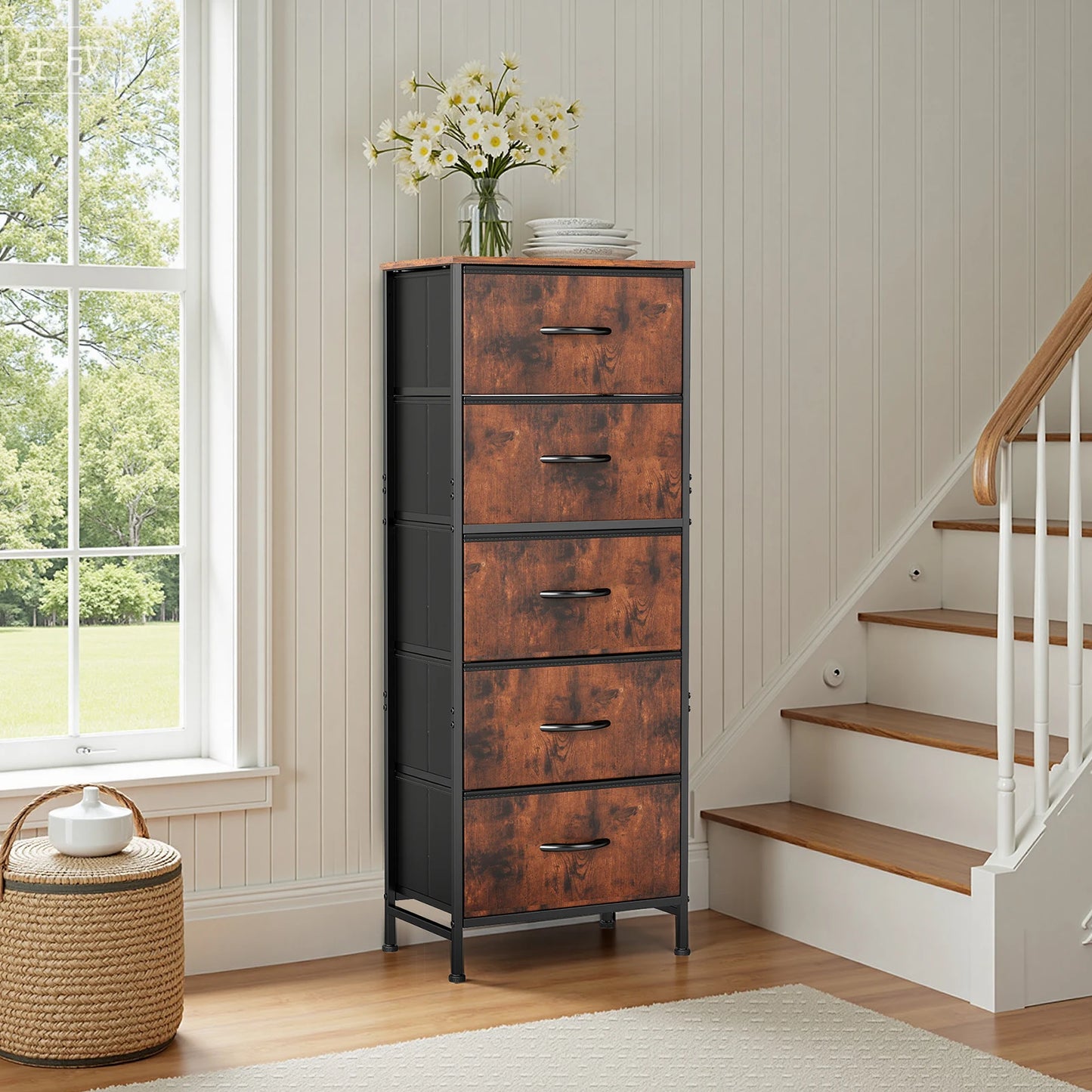 JHK Dresser With 5 Fabric Drawers Steel Frame Bedroom Furniture