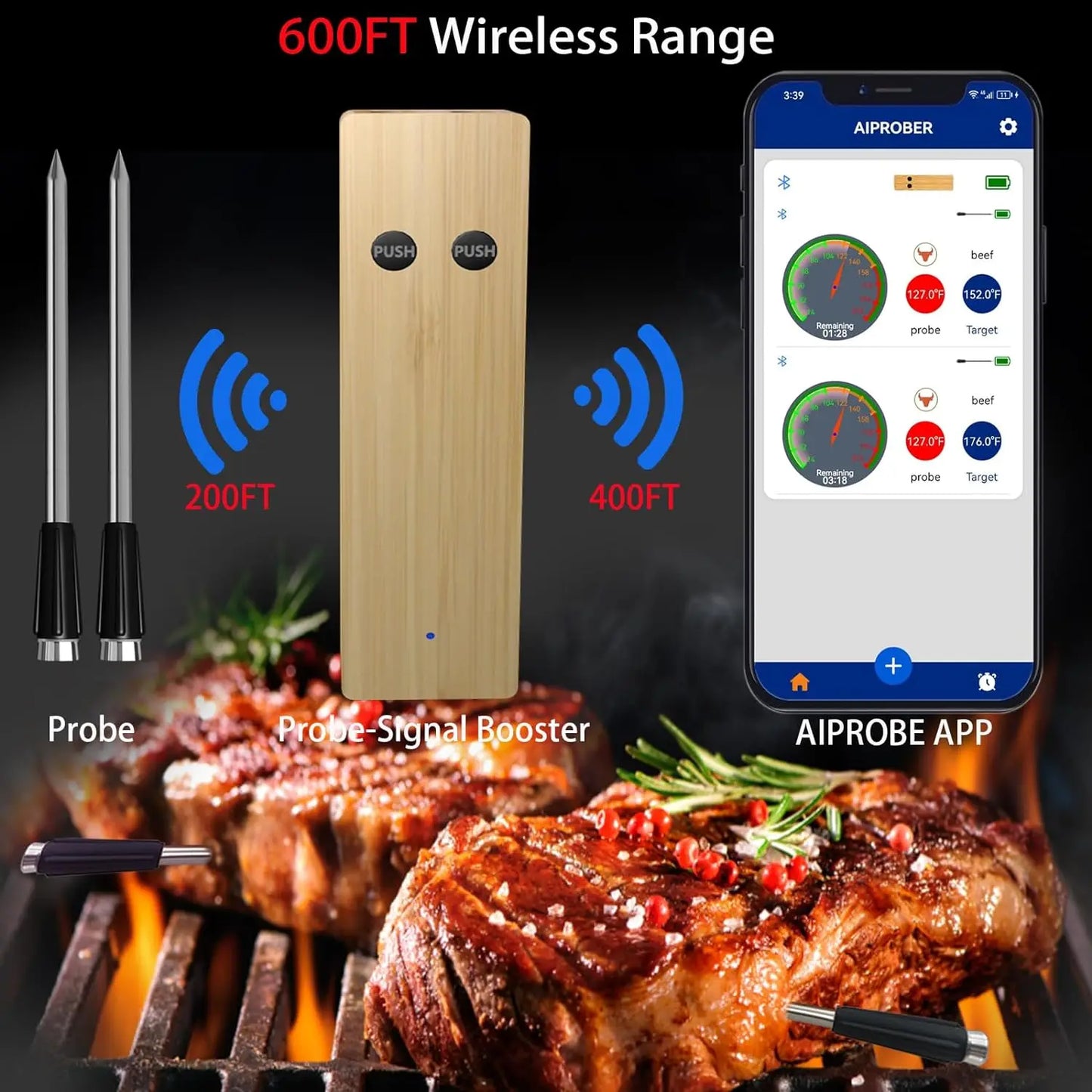 NONECN Smart Wireless Bluetooth Meat Thermometer With 500 Foot Range