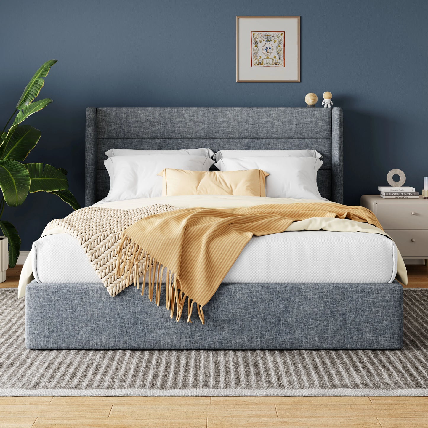 HOOMIC Lift Up Storage Bed With Wingback Headboard Heavy Duty Hydraulic Bed