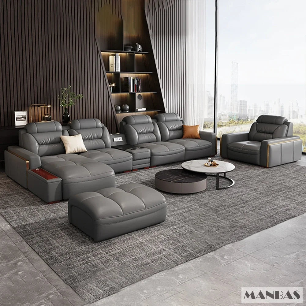 MANBAS Italian Genuine Leather L-Shaped Sectional Sofa Set USB