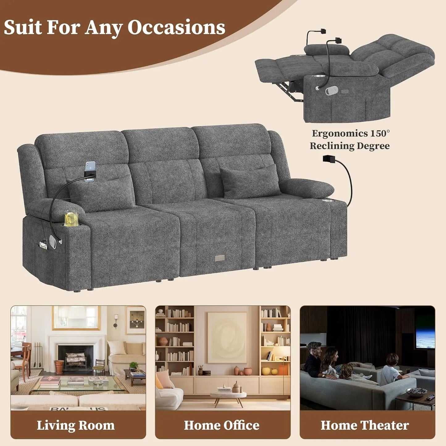 Dawer Home Theater Seating RV Reclining Sofa With USB