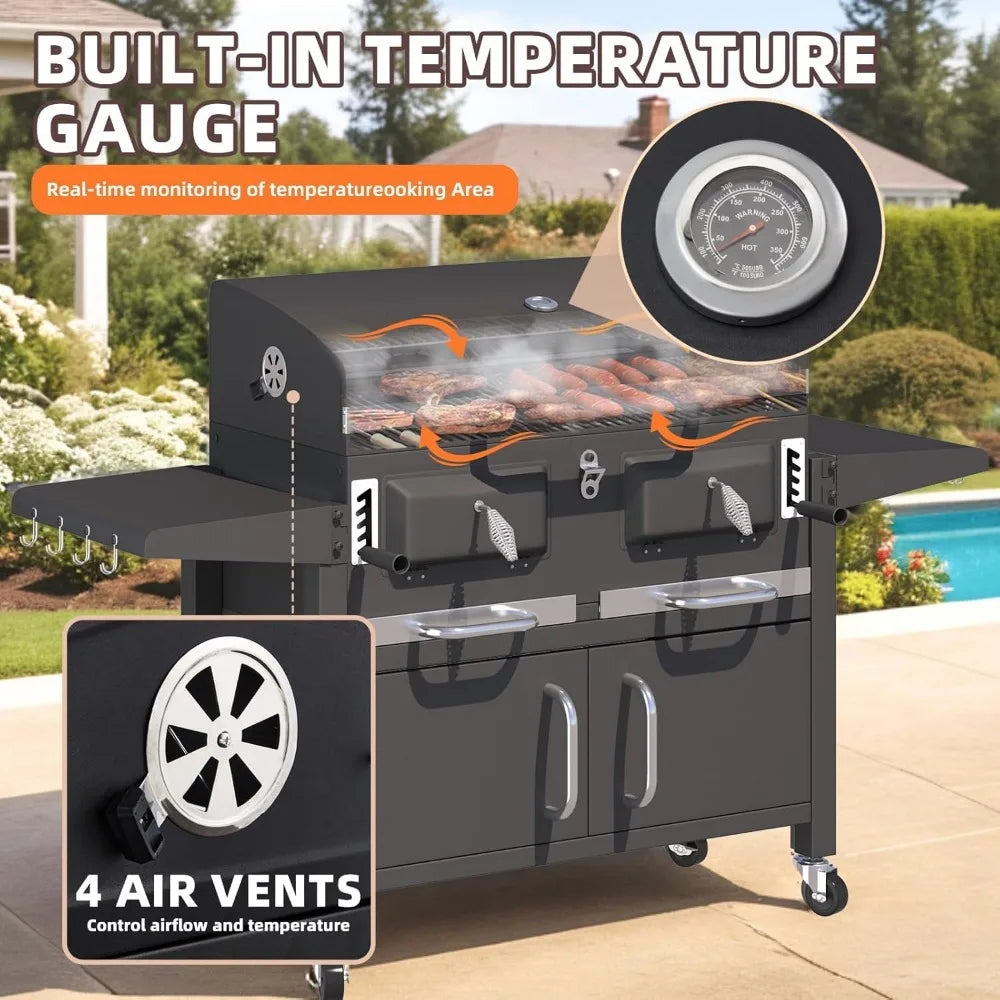 Charcoal Grill With Thermometer And Lifting Charcoal Trays And Storage