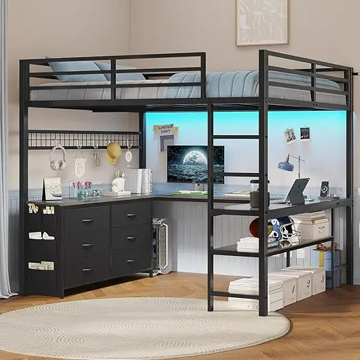 XMSJ Loft Bed With U Shaped Desk And Storage Drawers