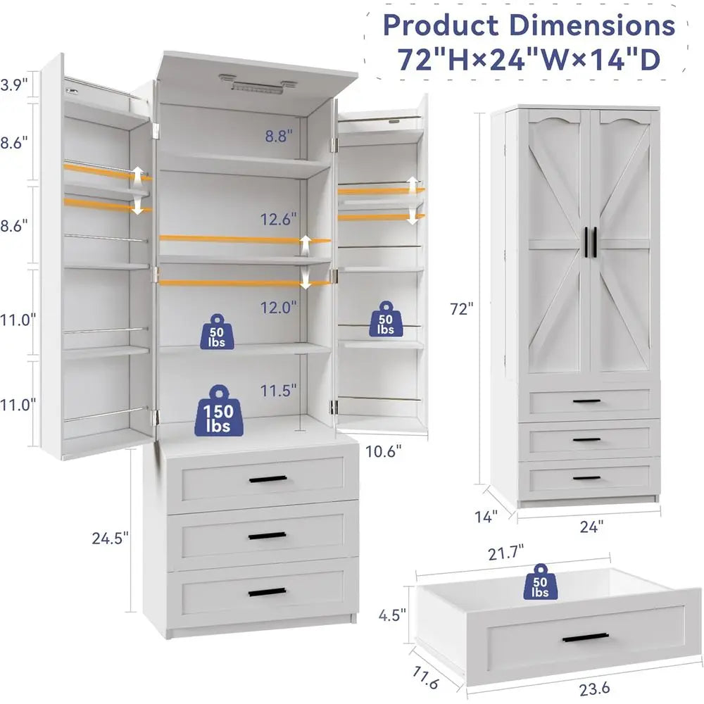 LED Kitchen Pantry Cabinet With 3 Drawers Farmhouse Barn Doors