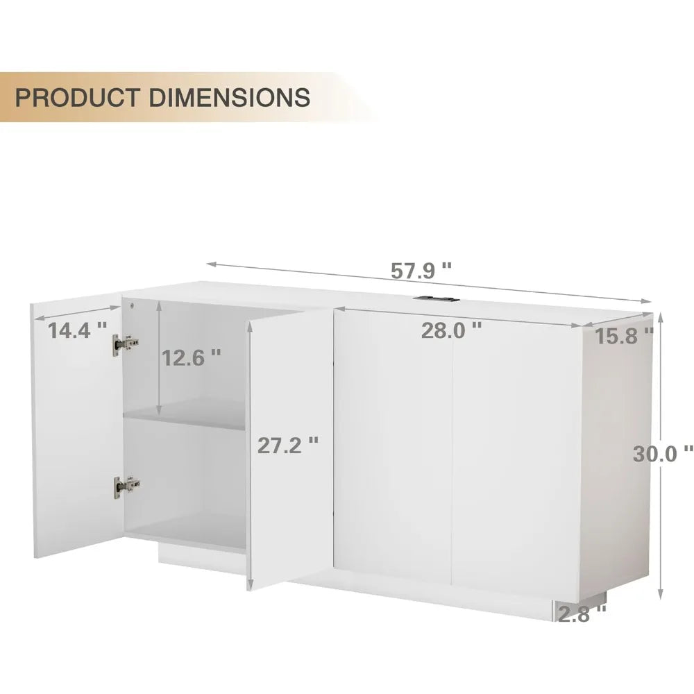 LED Illuminated Sideboard With Charging Station White Wood Dining Cabinet