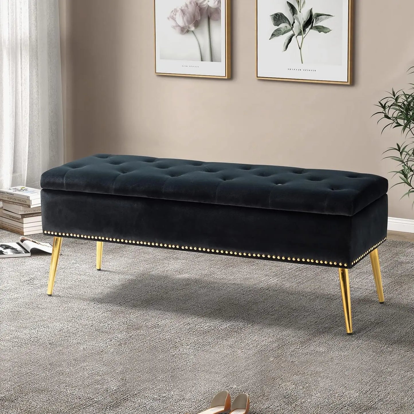 Velvet Storage Ottoman Bench With Base And Nailhead Trim