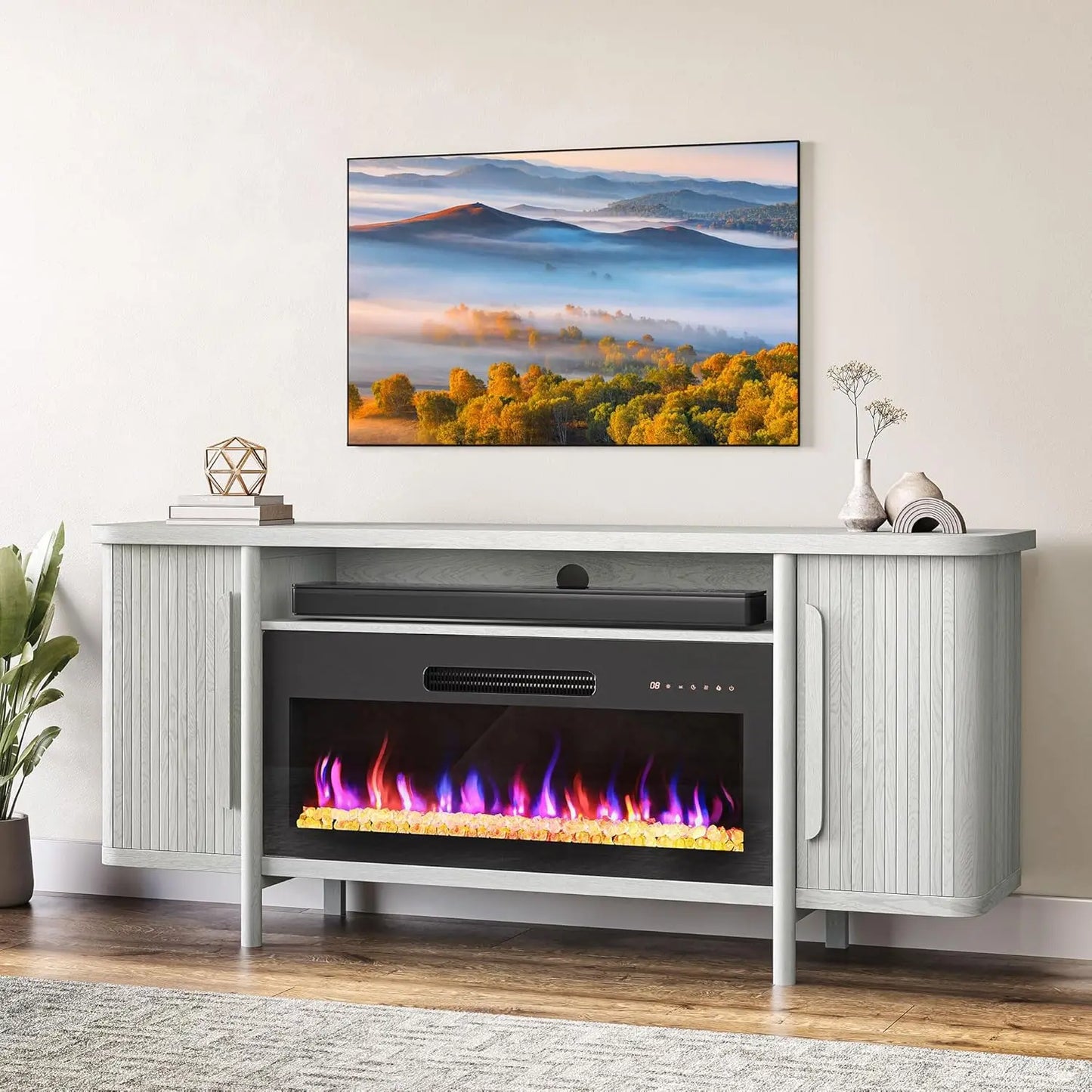 TV Stand With Electric Fireplace Heater Wood Console Entertainment Center