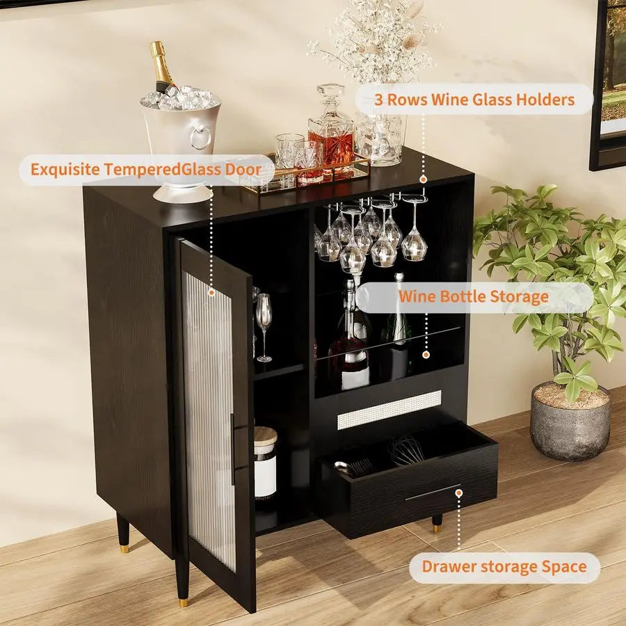 XMSJ Wine Bar Cabinet With Tempered Glass Door And Rack