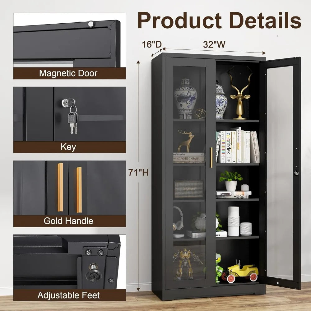 Glass Display Cabinet With Lock And Adjustable Shelves