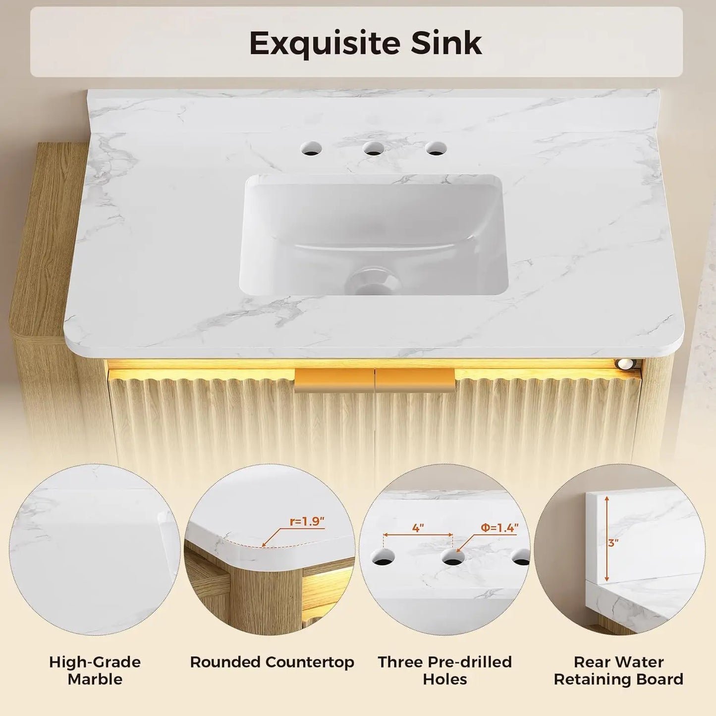 Ironck Bathroom Vanity With Motion Sensor Light Marble Top