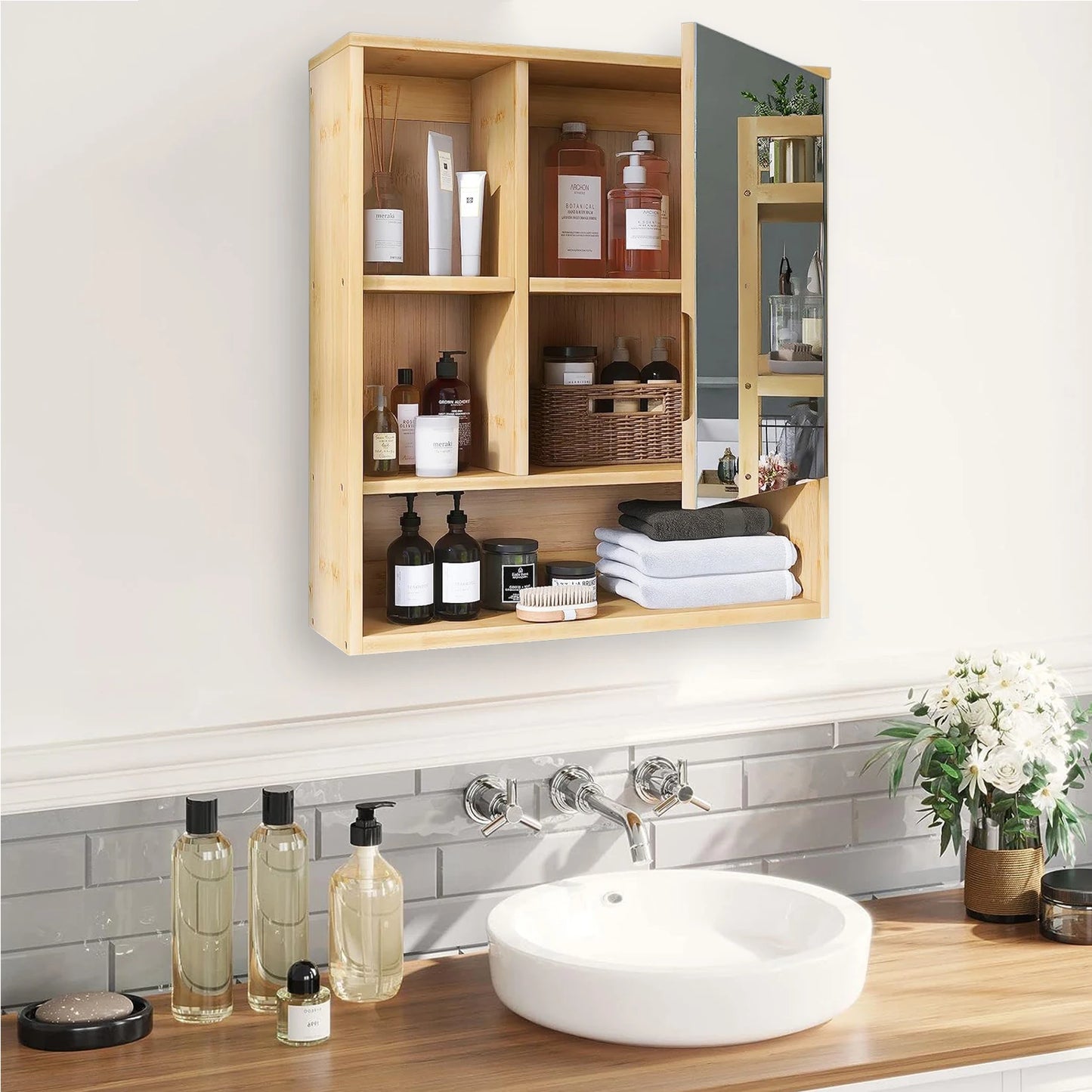 Wisfor Bamboo Wall Mounted Medicine Cabinet With Mirror