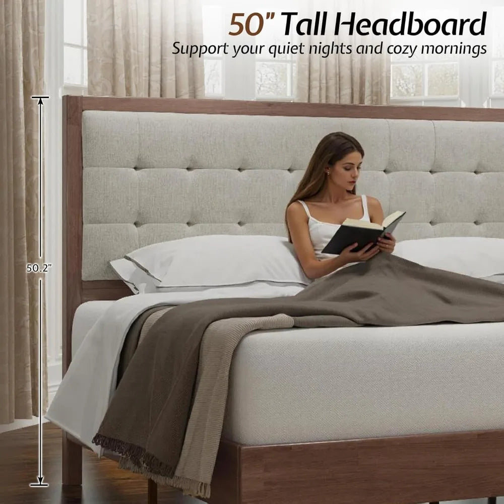 Walnut Wood Bed Frame With Tall Upholstered Tufted Headboard