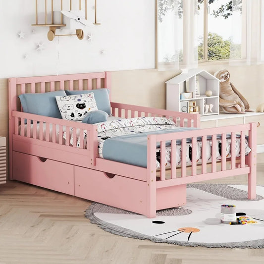 Kids Twin Bed With Guardrails Low Platform And Two Drawers