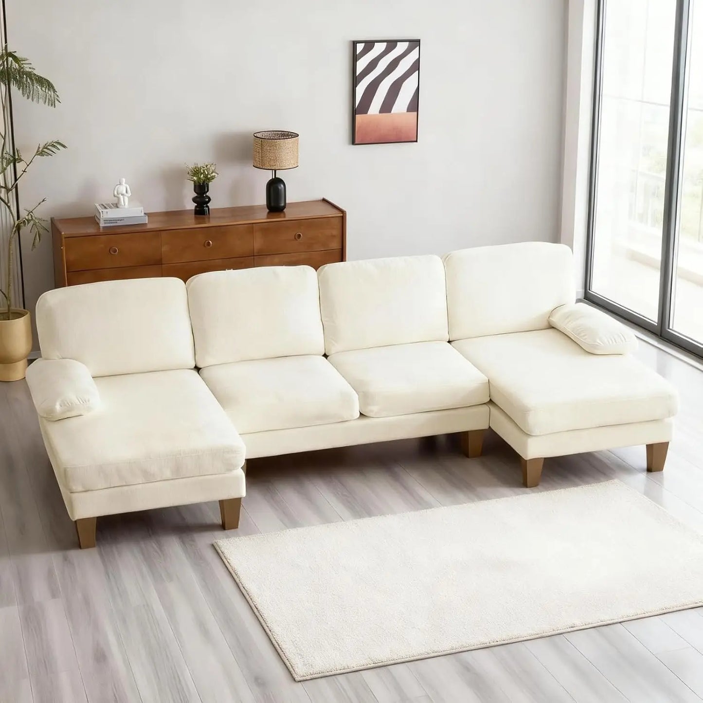 U Shaped Sectional Sofa With Chenille Upholstery And Wood Legs