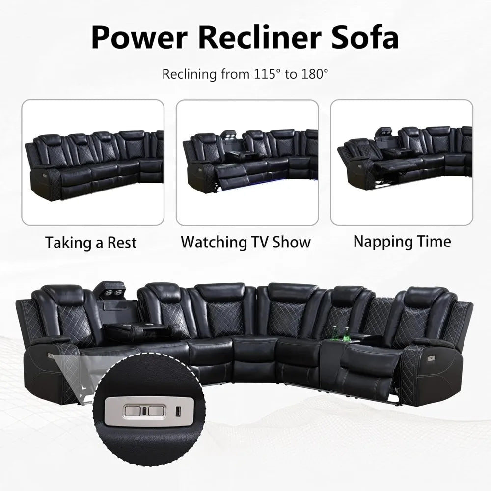 XMSJ Power Recliner Sectional Sofa With LED Lights USB Ports