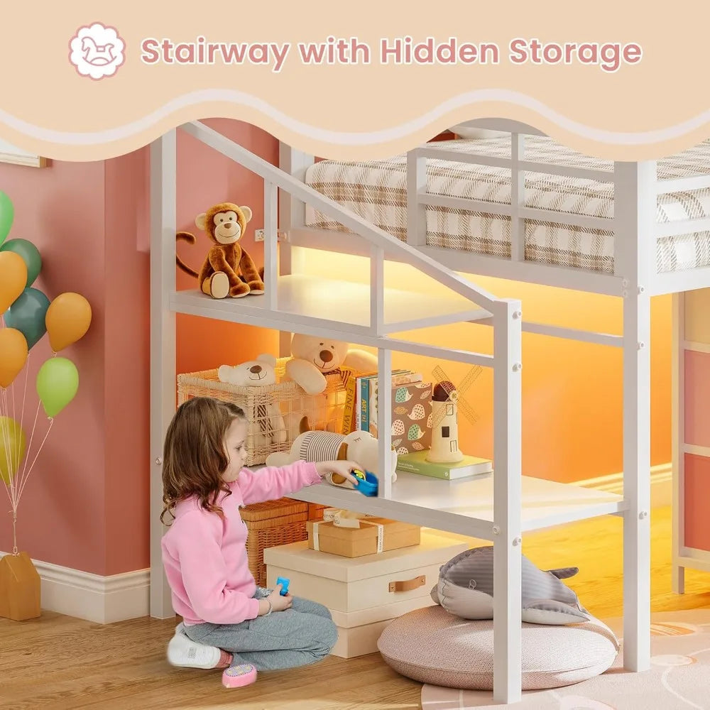 Loft Bed With Drawers, LED Lights, Metal Frame, Staircase Storage