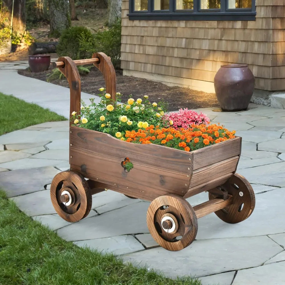 Hign Concerned Wagon Flower Planter Cart Rustic Wood Stand