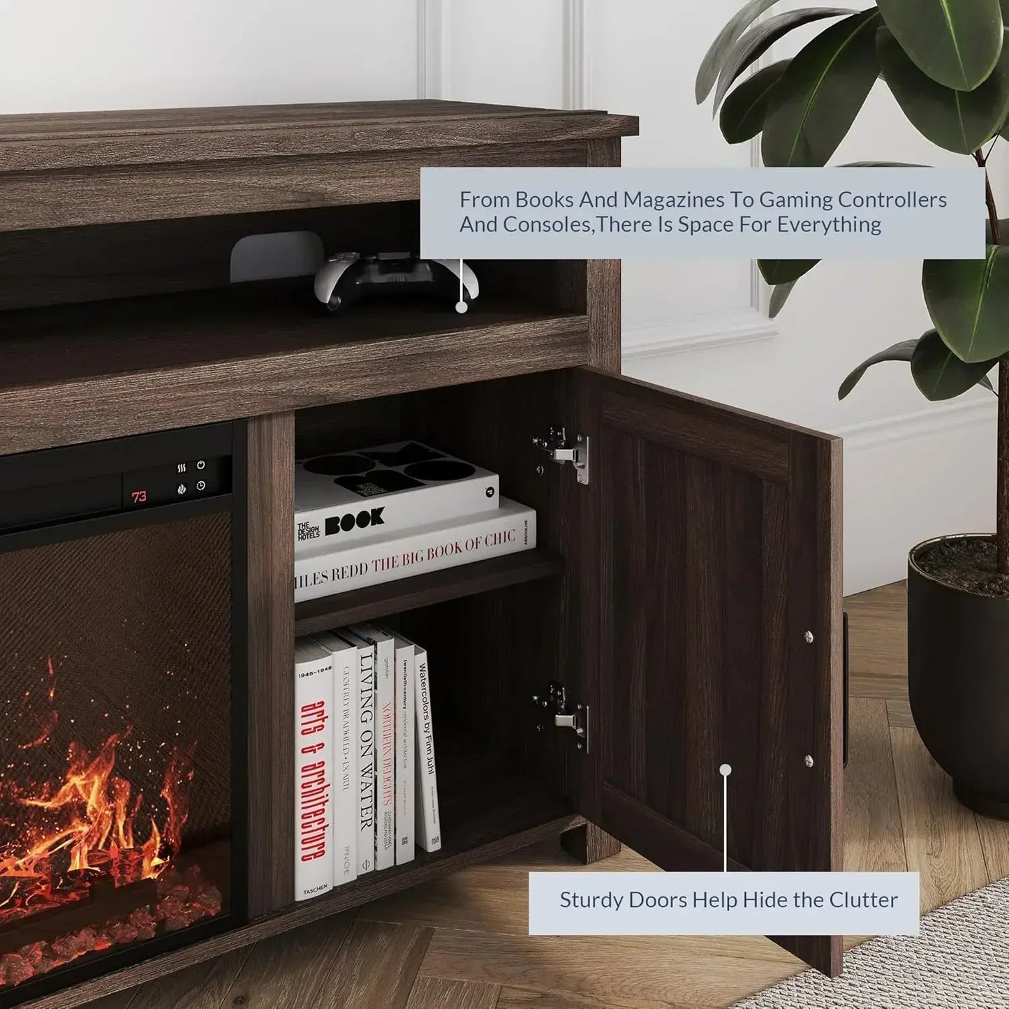 Barn Door Wood Electric Fireplace TV Stand With Open Shelves