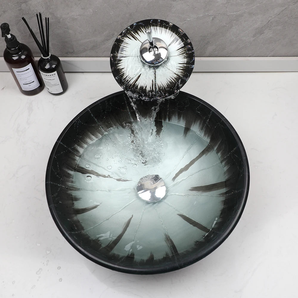 Torayvino Tempered Glass Washbasin Above Counter Vessel Faucet