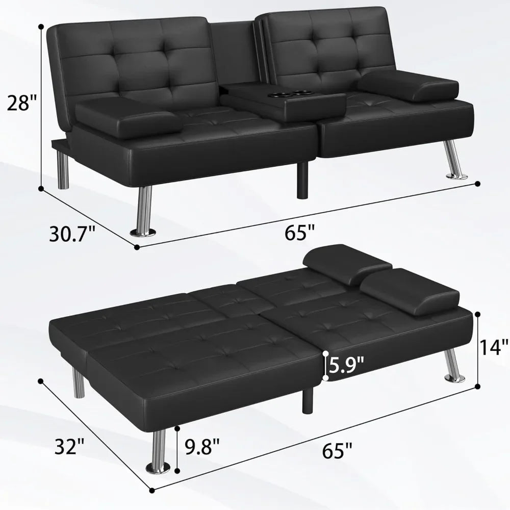 Futon Sofa Bed Convertible Lounge Chair With 2 Cup Holders