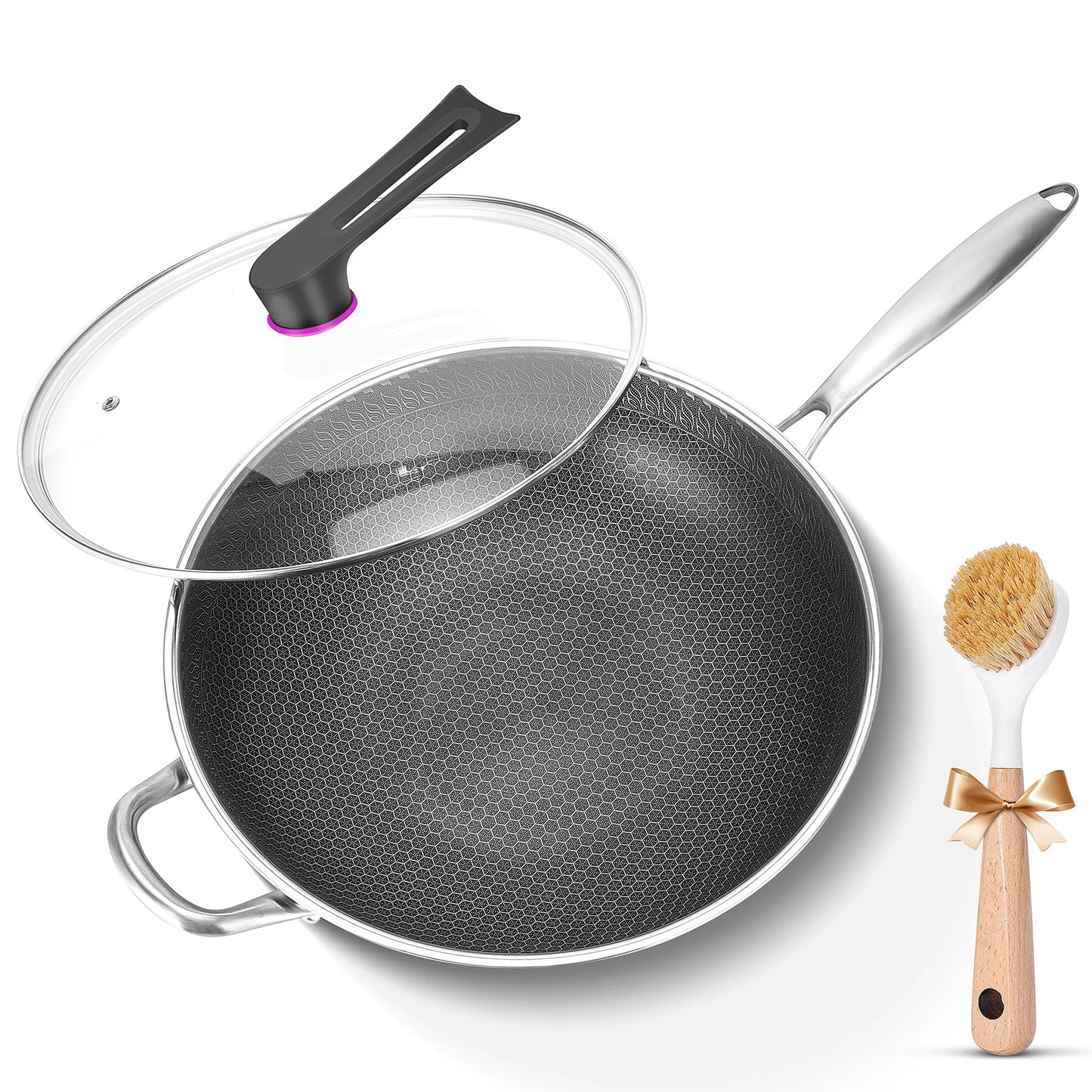 Hybrid Wok Pan With Lid PFOA Free Stainless Steel Nonstick