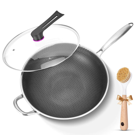 Hybrid Wok Pan With Lid PFOA Free Stainless Steel Nonstick