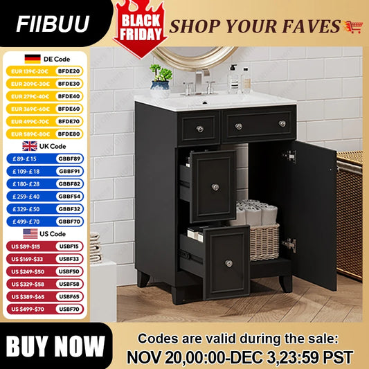 FIIBUU Ceramic Sink Vanity Cabinet With Two Drawers