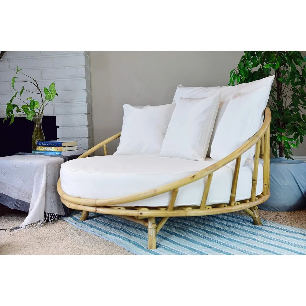 Rattan Bamboo Round Daybed Outdoor Sofa Chair With Cushions