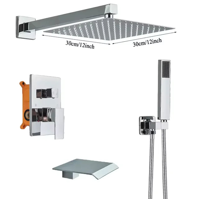 Rozin Chrome Rainfall Shower Faucet Set Wall Mount Shower System