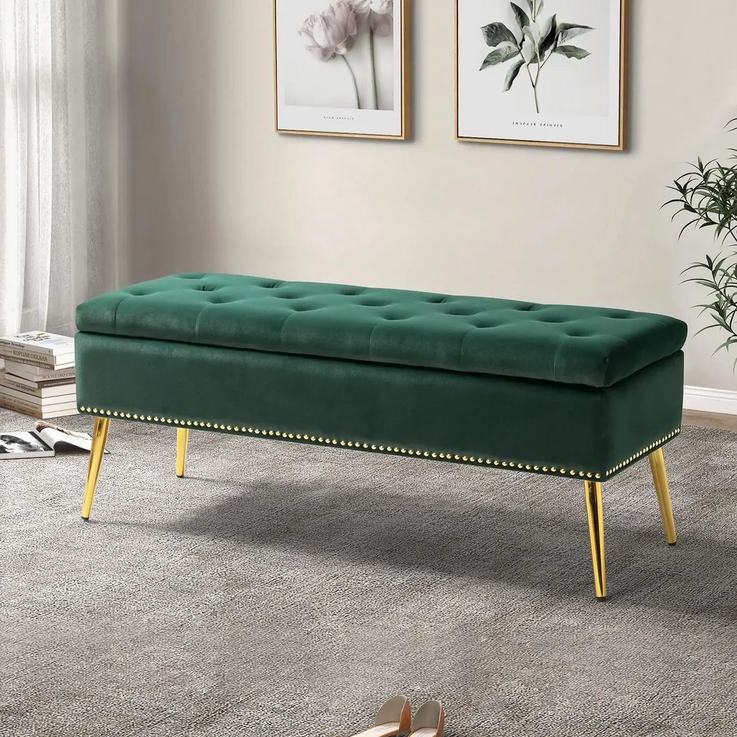 Velvet Storage Ottoman Bench With Base And Nailhead Trim
