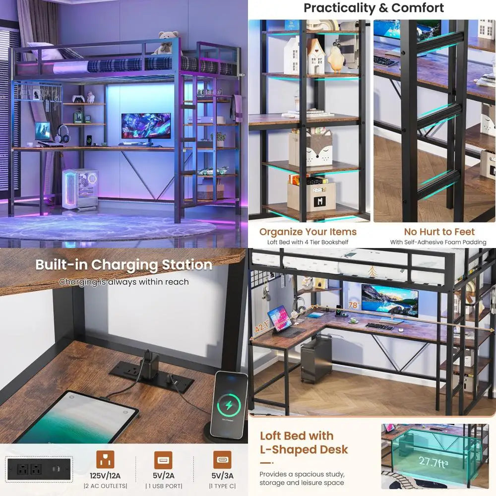 Loft Bed With L Shaped Desk Storage Shelves And Charging