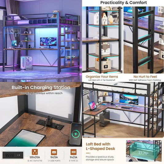Loft Bed With L Shaped Desk Storage Shelves And Charging