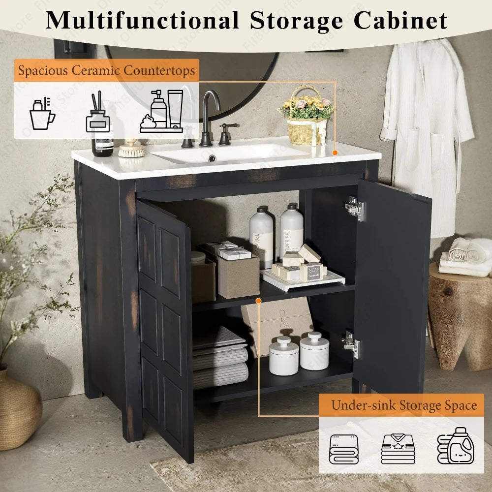 FIIBUU Bathroom Vanity Cabinet Solid Wood With Ceramic Sink Basin