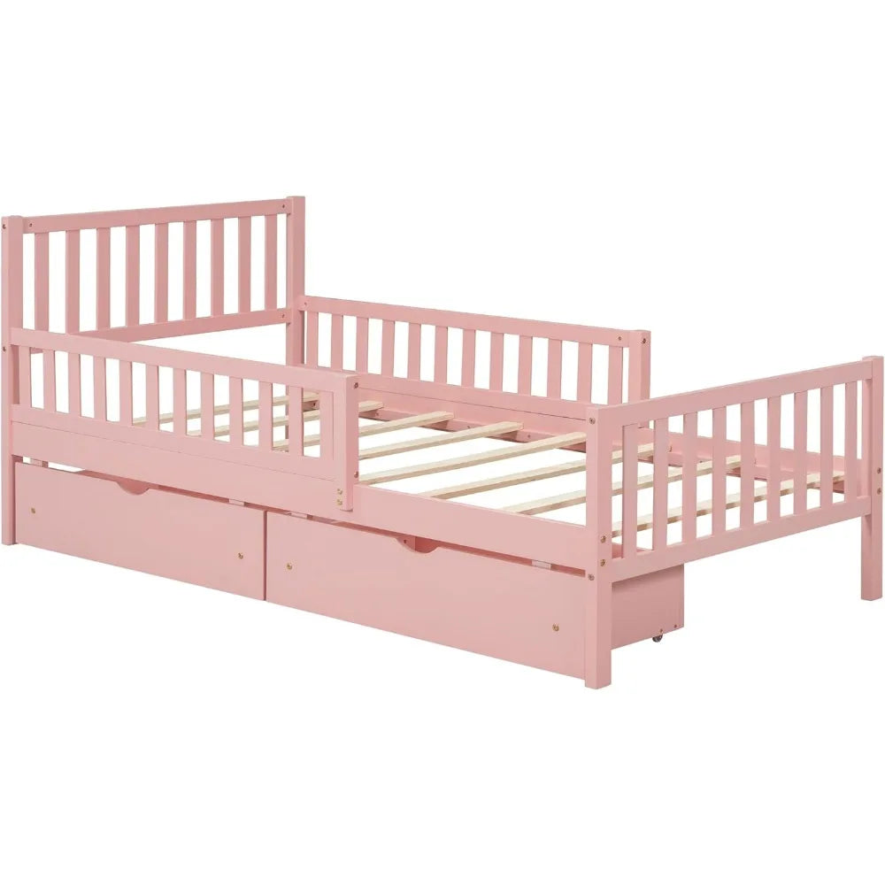 Kids Twin Bed With Guardrails Low Platform And Two Drawers